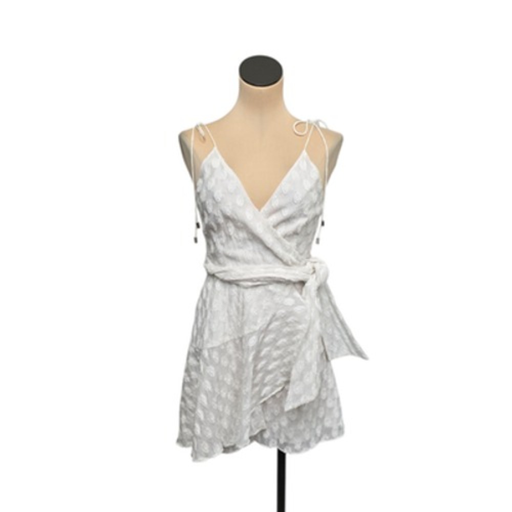 C/MEO Collective Dress Womens Small White Textured Ruffle Wrap Mini Tie Shoulder